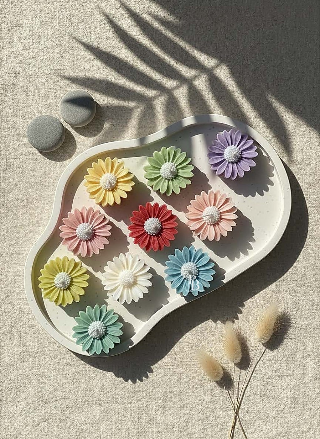 Daisy flower candles in assorted colours on a cream tray, handmade soy wax, Pink Blossom bulk order