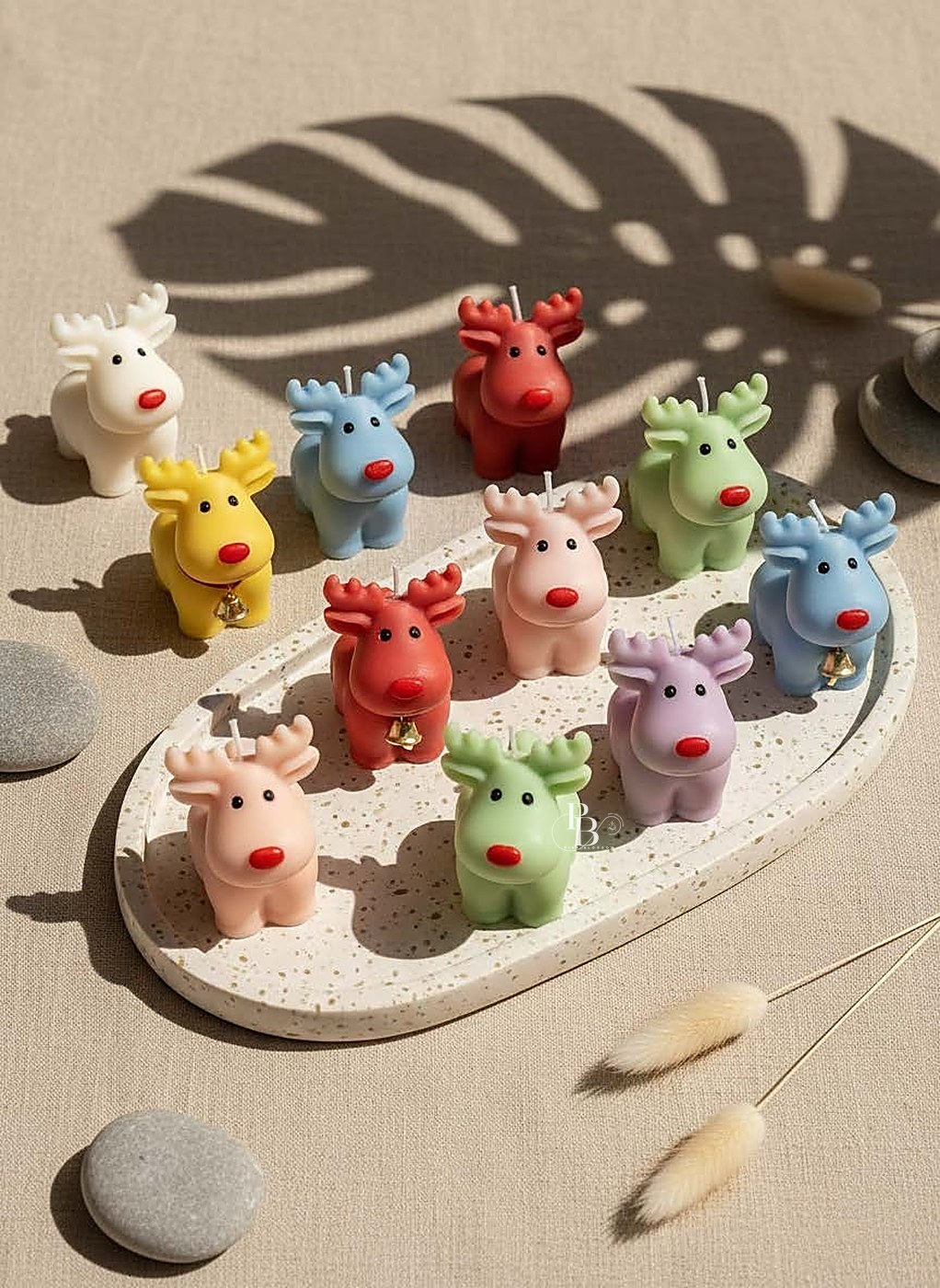 Cute reindeer candles with red noses on a speckled tray, handmade soy wax, Pink Blossom bulk order
