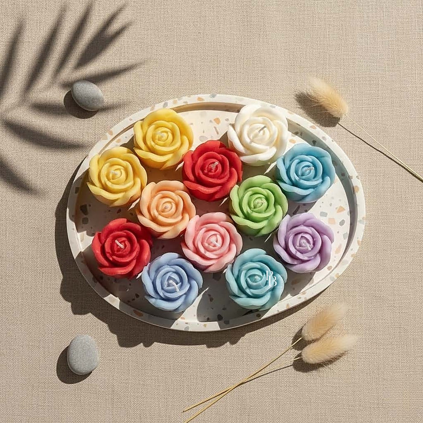 Rose flower candles in many colours on a round tray, handmade soy wax, Pink Blossom bulk order