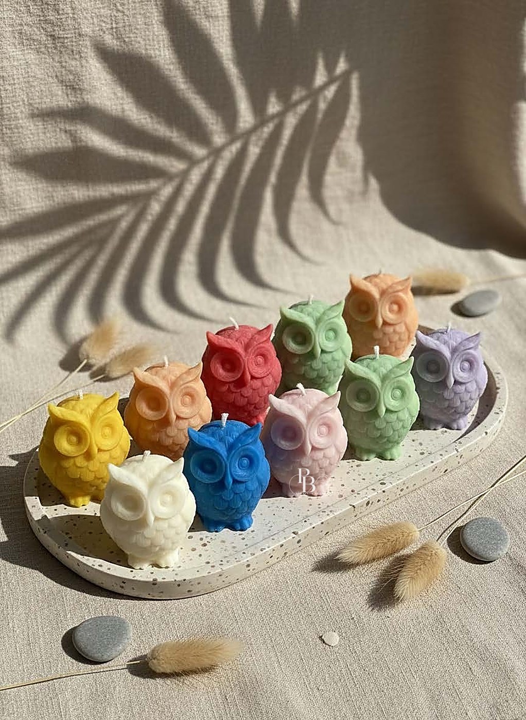 Owl candles grouped on a speckled tray, handmade soy wax, Pink Blossom bulk order
