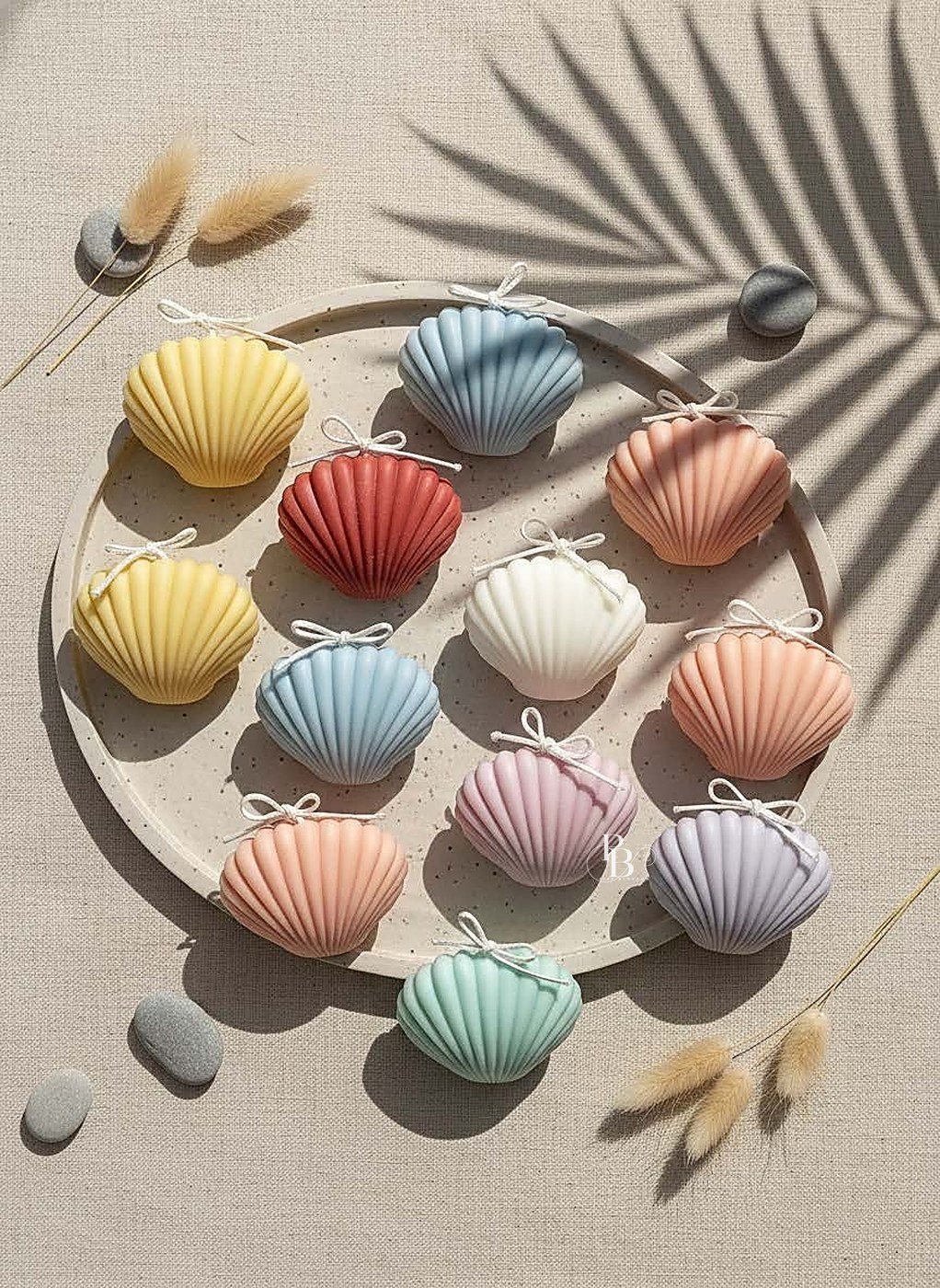 Scallop seashell candles arranged on a round tray, handmade soy wax, Pink Blossom bulk order