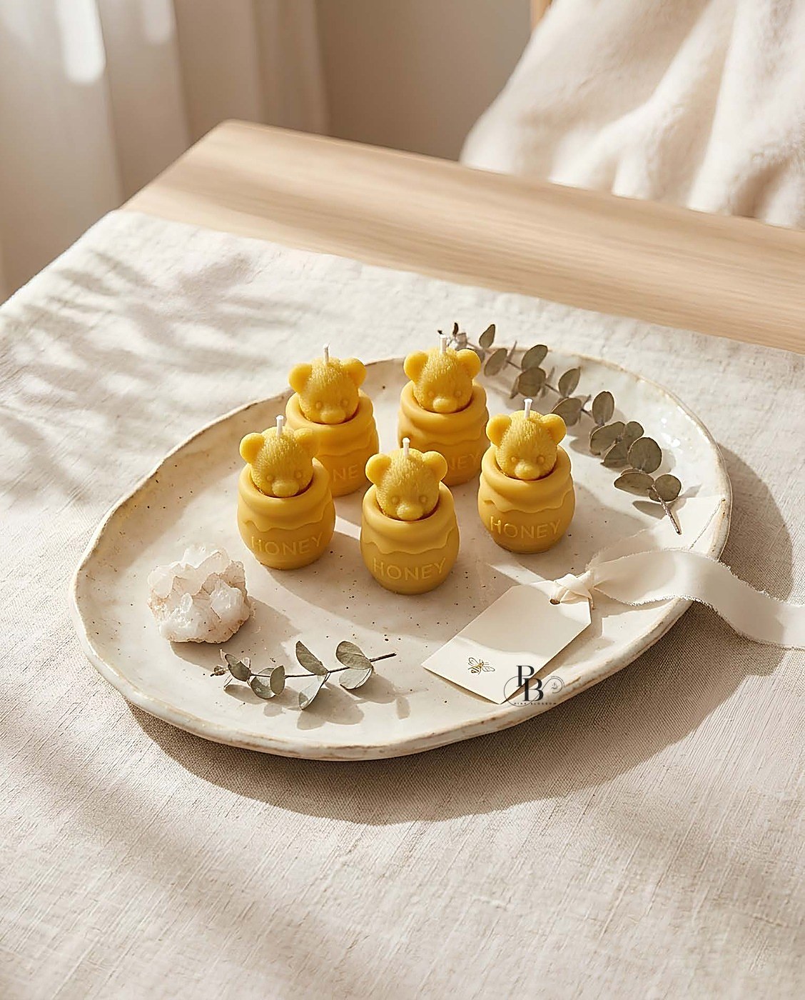 Small bear candles grouped on a round tray, handmade soy wax, Pink Blossom bulk order