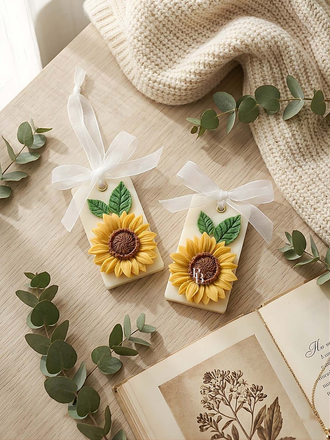 Two wax sachets with sunflowers and leaves tied with white ribbon, handmade soy wax, Pink Blossom bulk order