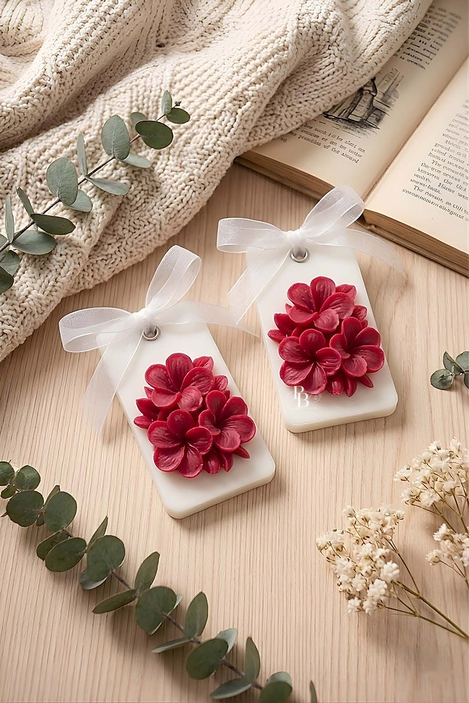 Wax sachets topped with red hydrangea blooms and white bows, handmade soy wax, Pink Blossom bulk order