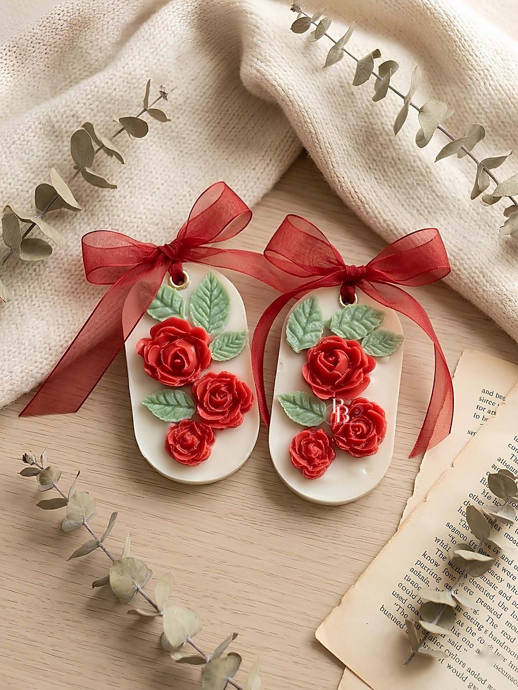 Oval wax sachets with red roses and leaves tied with red bows, handmade soy wax, Pink Blossom bulk order