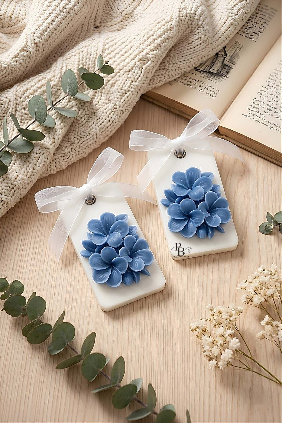 Wax sachets topped with blue hydrangea blooms and ribbon bows, handmade soy wax, Pink Blossom bulk order