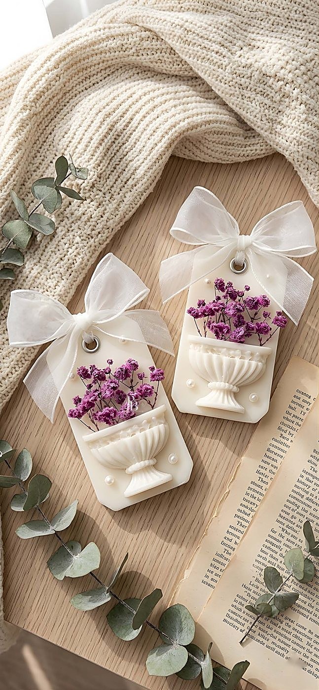 Wax sachets with urn reliefs holding purple dried flowers, handmade soy wax, Pink Blossom bulk order