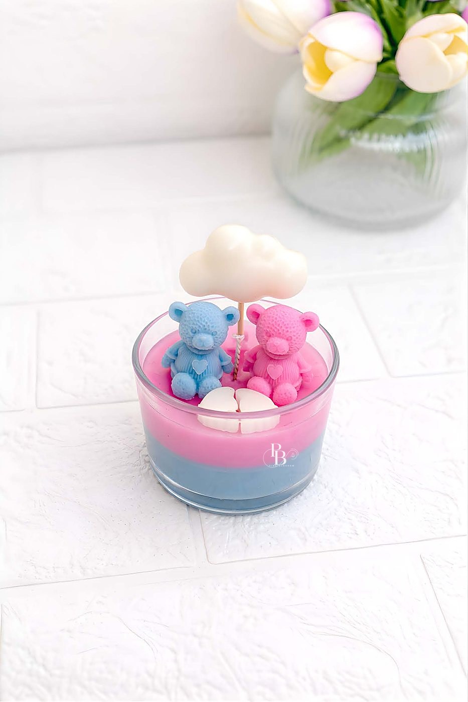 Pink and blue jar candle topped with two teddy bears and a cloud, 120ml Murphy Glass Jar, handmade soy wax, Pink Blossom bulk order