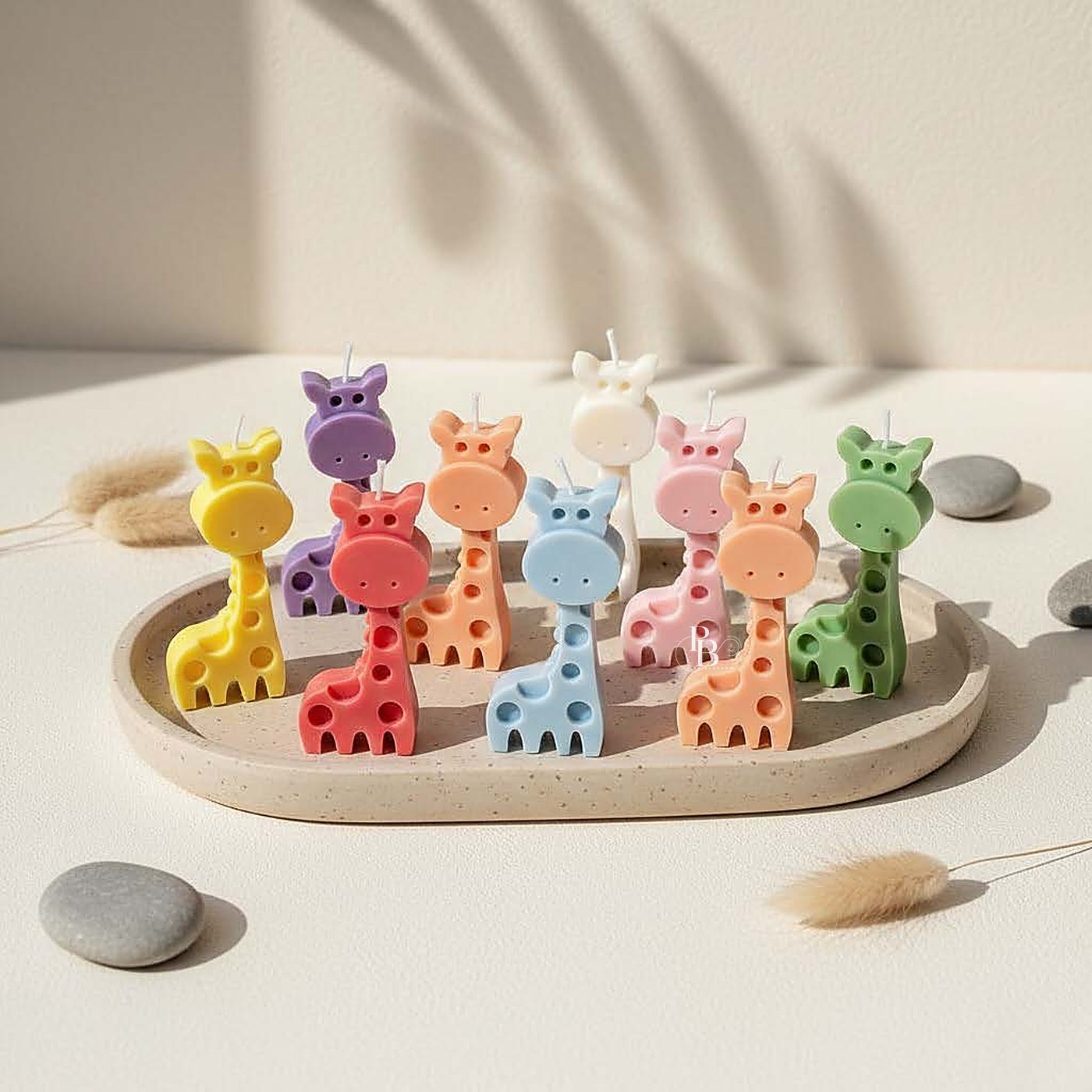Colourful giraffe candles standing on an oval tray, handmade soy wax, Pink Blossom bulk order