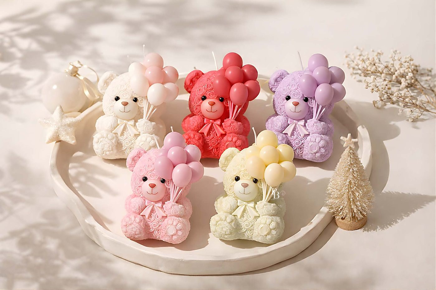 Teddy bear candles holding balloons on a cream tray, handmade soy wax, Pink Blossom bulk order