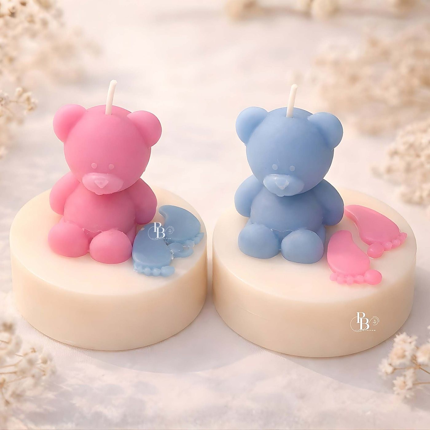 Pink and blue teddy bear candles on round pillar bases, handmade soy wax, Pink Blossom bulk order