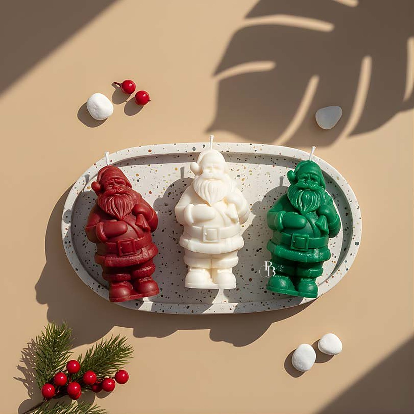 Red, white and green Santa Claus candles on tray, handmade soy wax, Pink Blossom bulk order