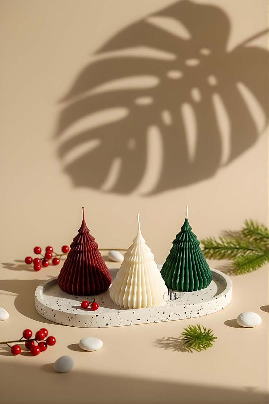 Ribbed cone Christmas tree candles on terrazzo tray, handmade soy wax, Pink Blossom bulk order