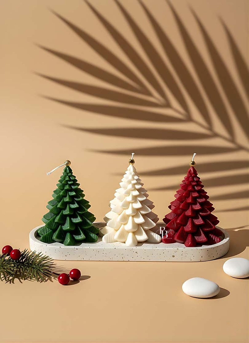 Layered fir Christmas tree candles on a terrazzo tray, handmade soy wax, Pink Blossom bulk order