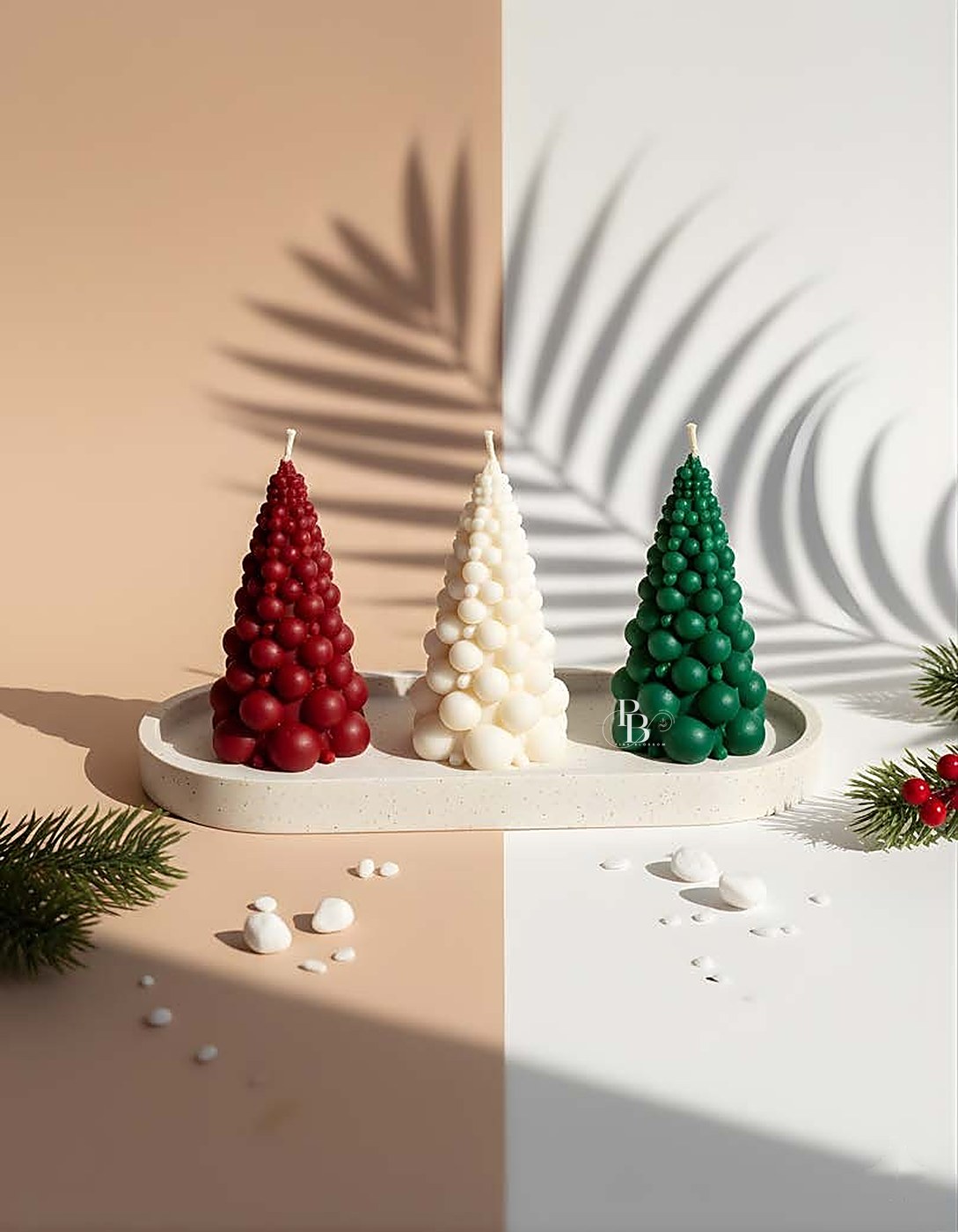 Bobble textured Christmas tree candles on a tray, handmade soy wax, Pink Blossom bulk order