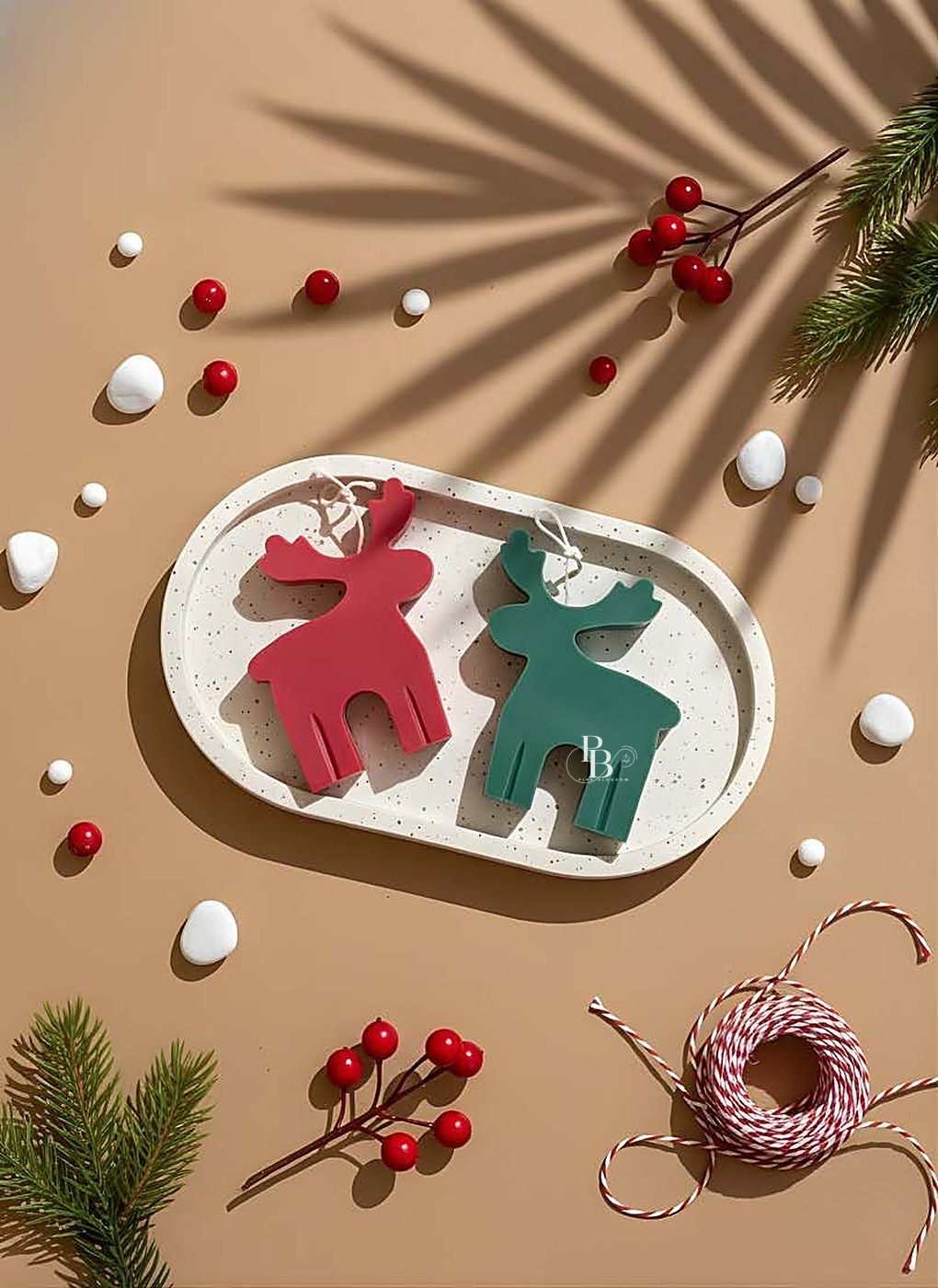 Flat red and green reindeer candles on a tray, handmade soy wax, Pink Blossom bulk order