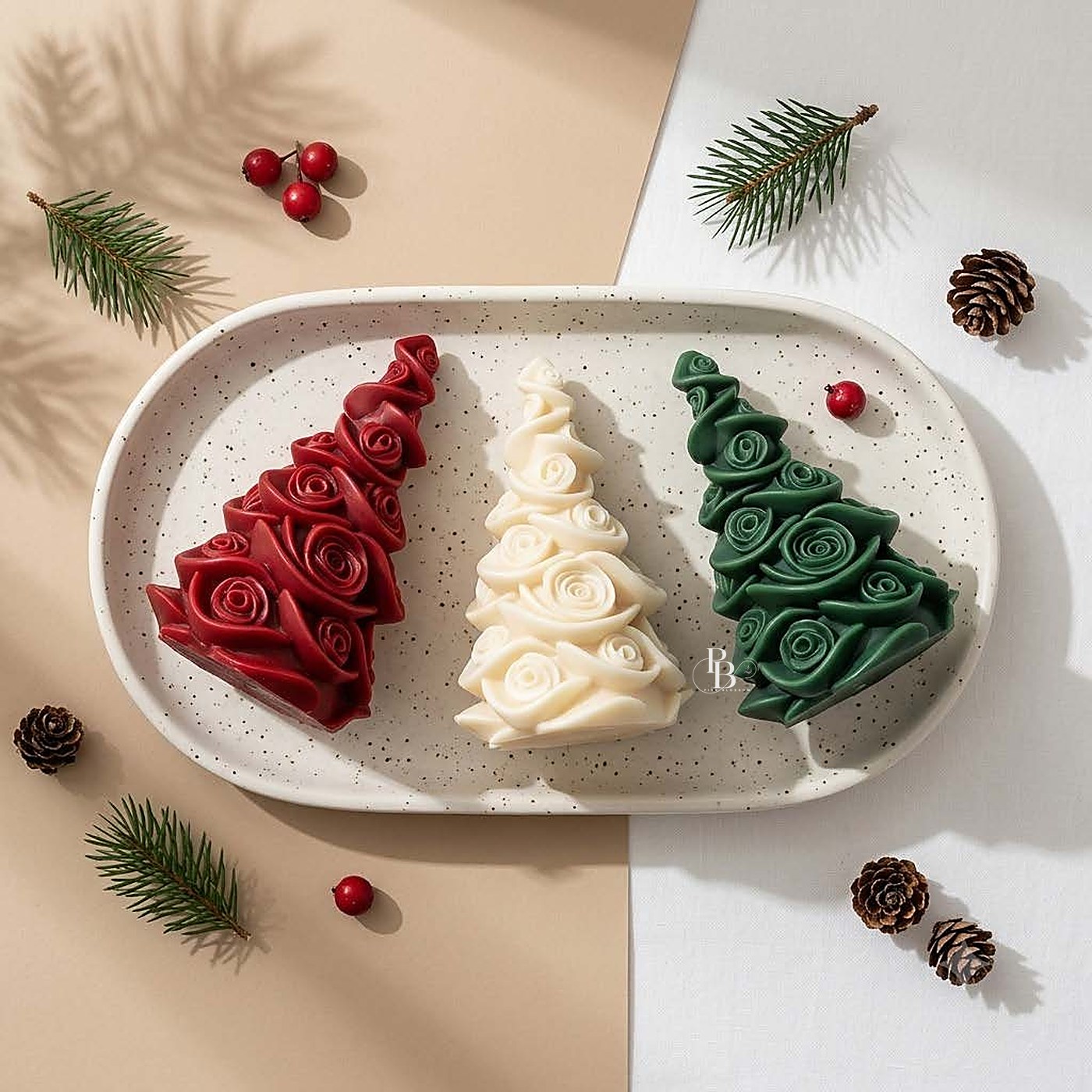 Rose-textured Christmas tree candles on an oval tray, handmade soy wax, Pink Blossom bulk order