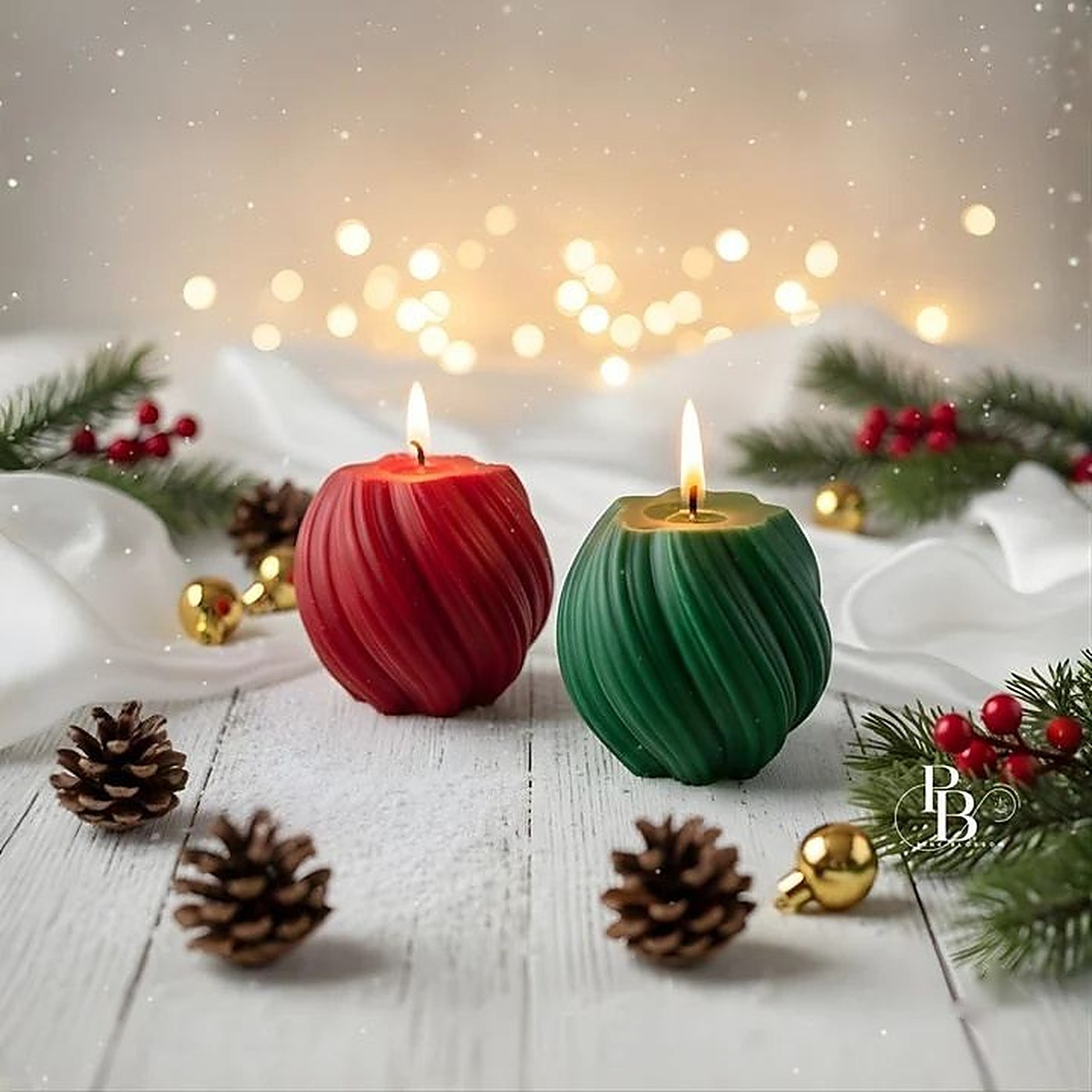 Lit red and green swirl sphere candles with pine cones, handmade soy wax, Pink Blossom bulk order