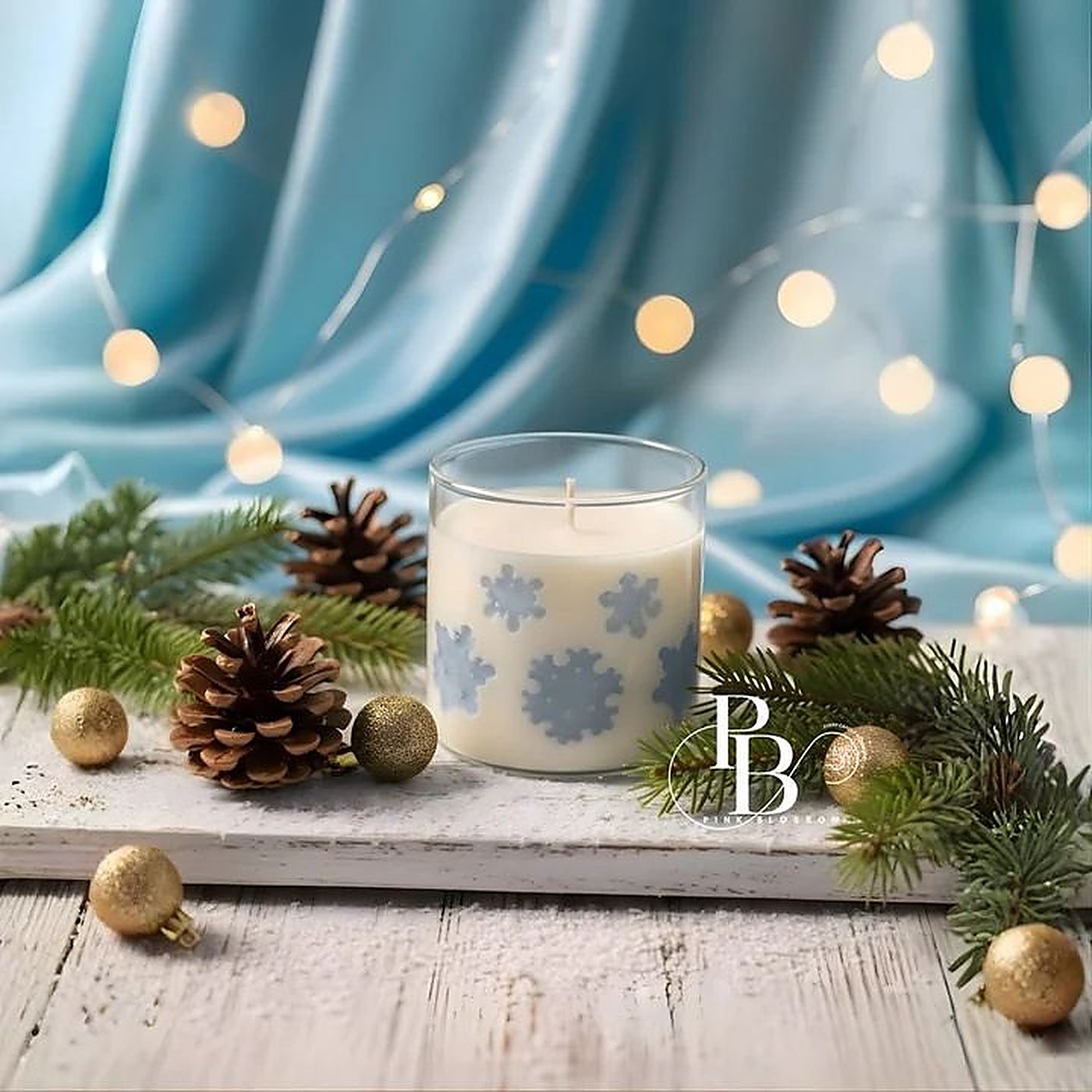 White glass jar candle with blue snowflake design, 650ml Glass Jar with Wooden Lid, handmade soy wax, Pink Blossom bulk order