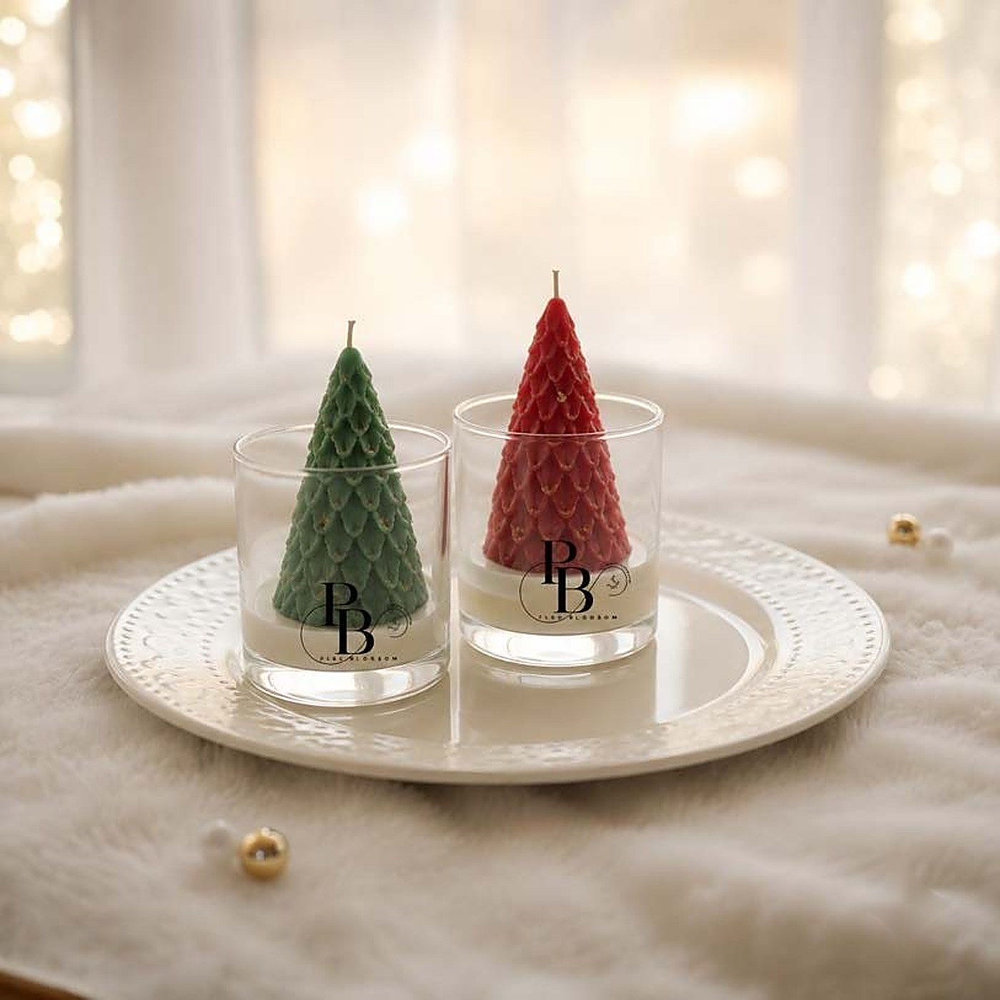 Green and red tree candles in clear glass jars, handmade soy wax, Pink Blossom bulk order