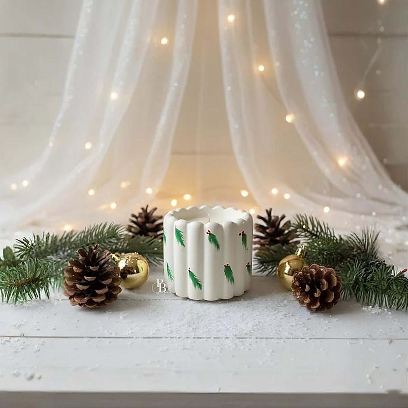 White ribbed pillar candle with green leaves among pine, handmade soy wax, Pink Blossom bulk order