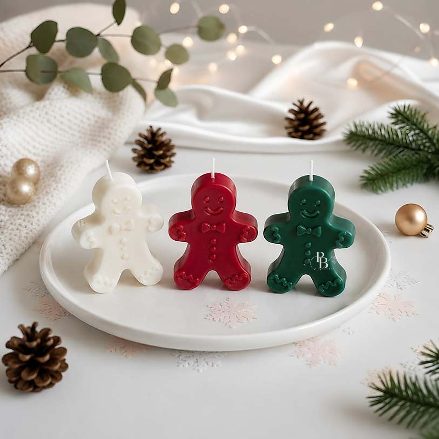 White, red and green gingerbread man candles on plate, handmade soy wax, Pink Blossom bulk order