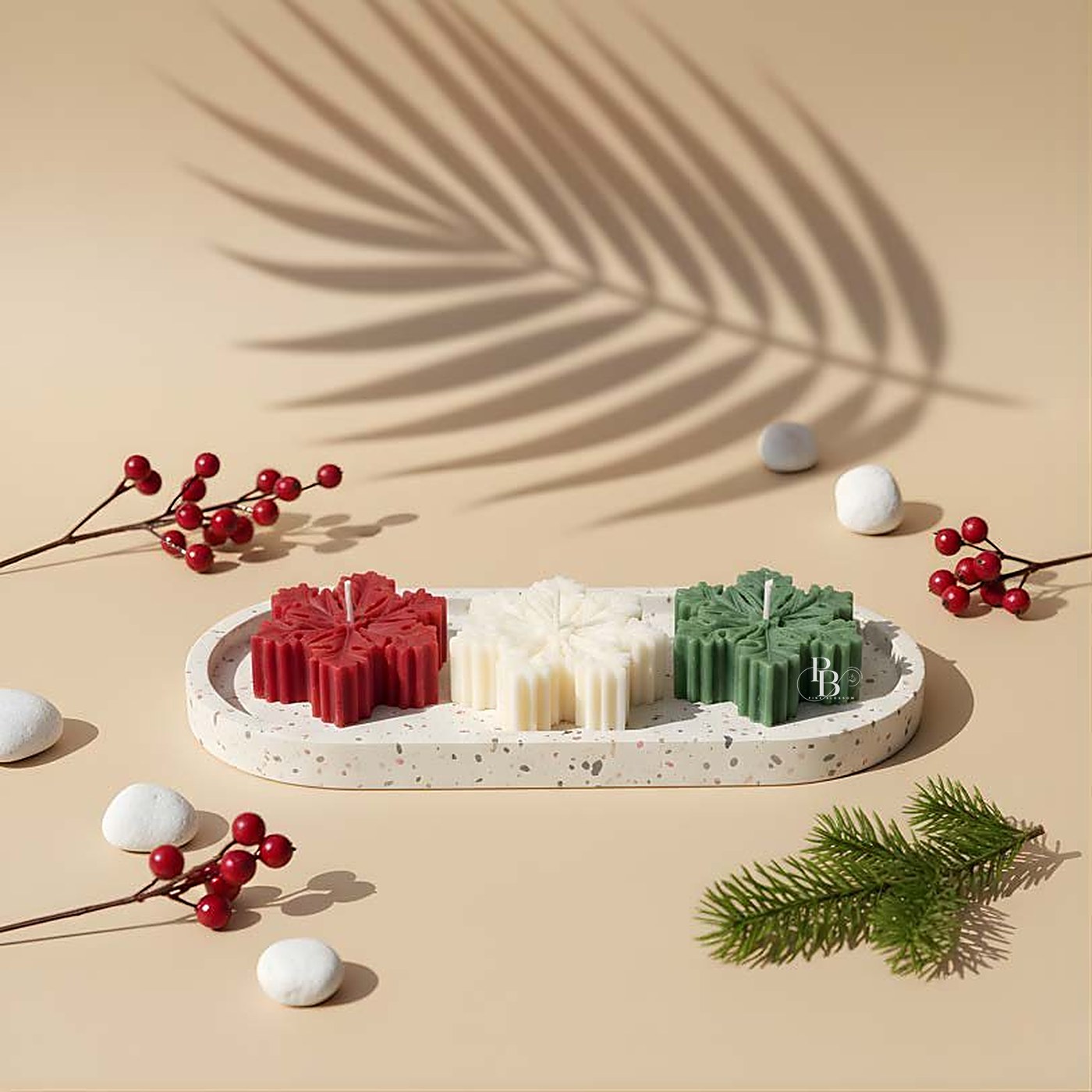 Red, white and green snowflake candles on a tray, handmade soy wax, Pink Blossom bulk order