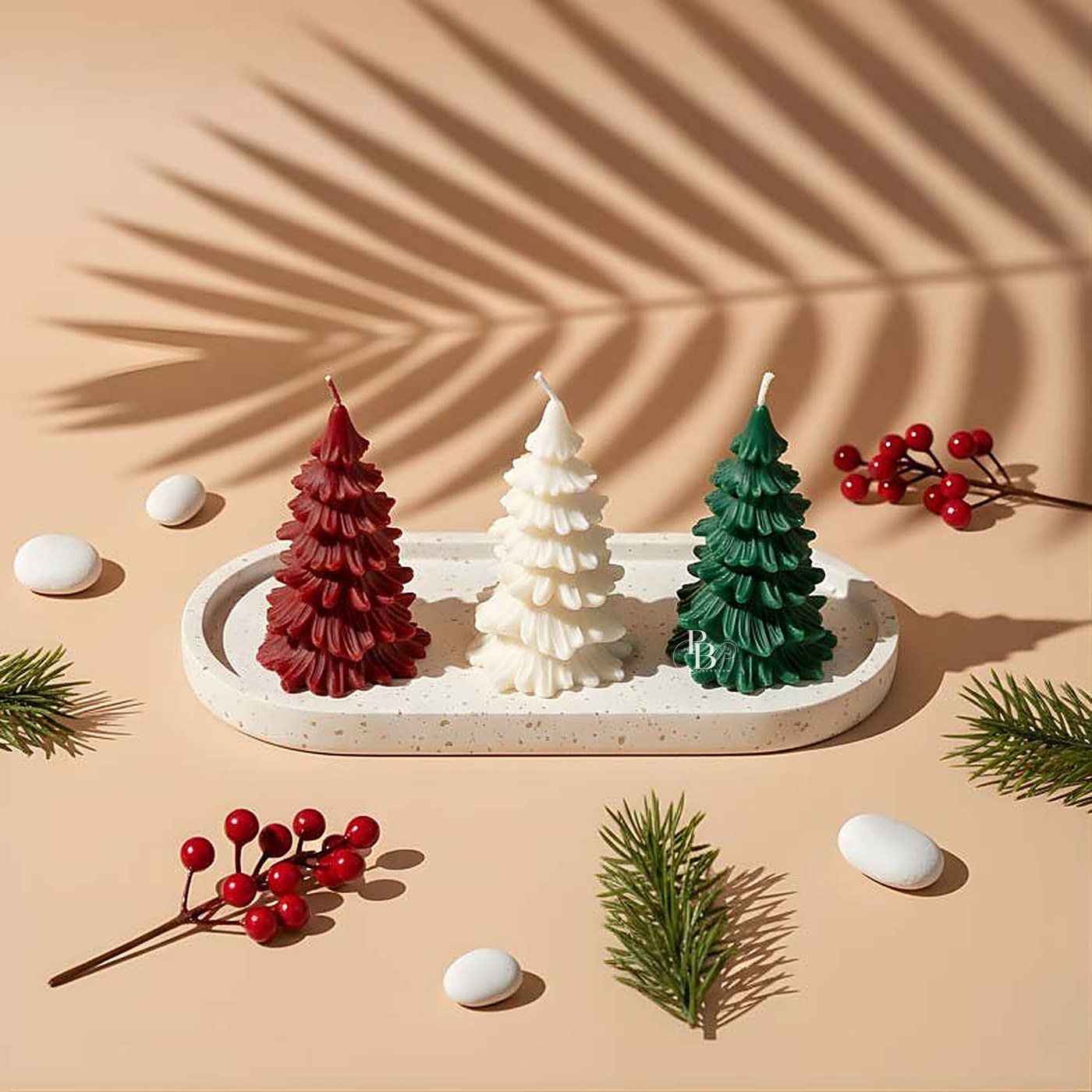 Red, white and green Christmas tree candles on tray, handmade soy wax, Pink Blossom bulk order