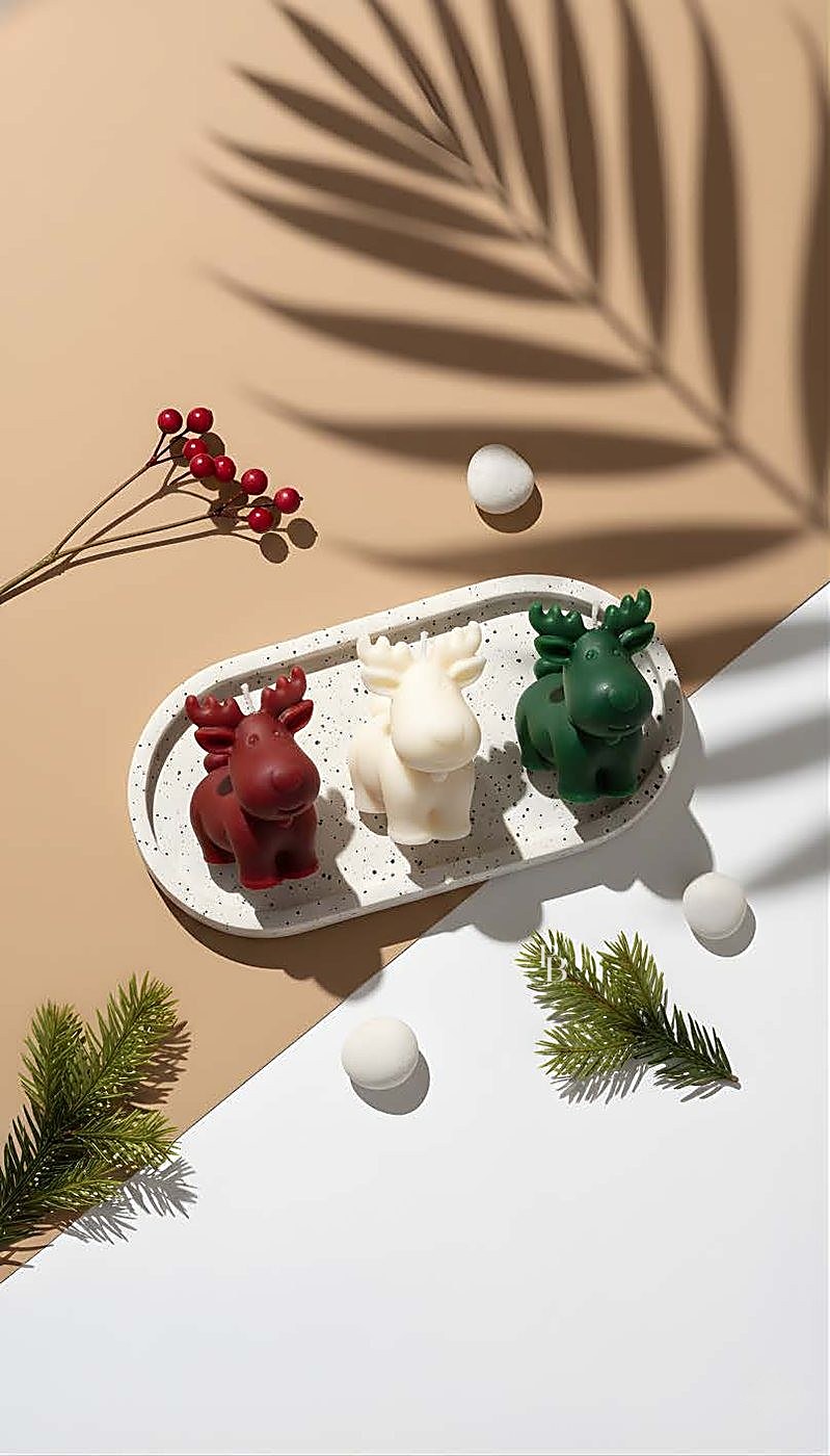 Small red, white and green reindeer candles on tray, handmade soy wax, Pink Blossom bulk order