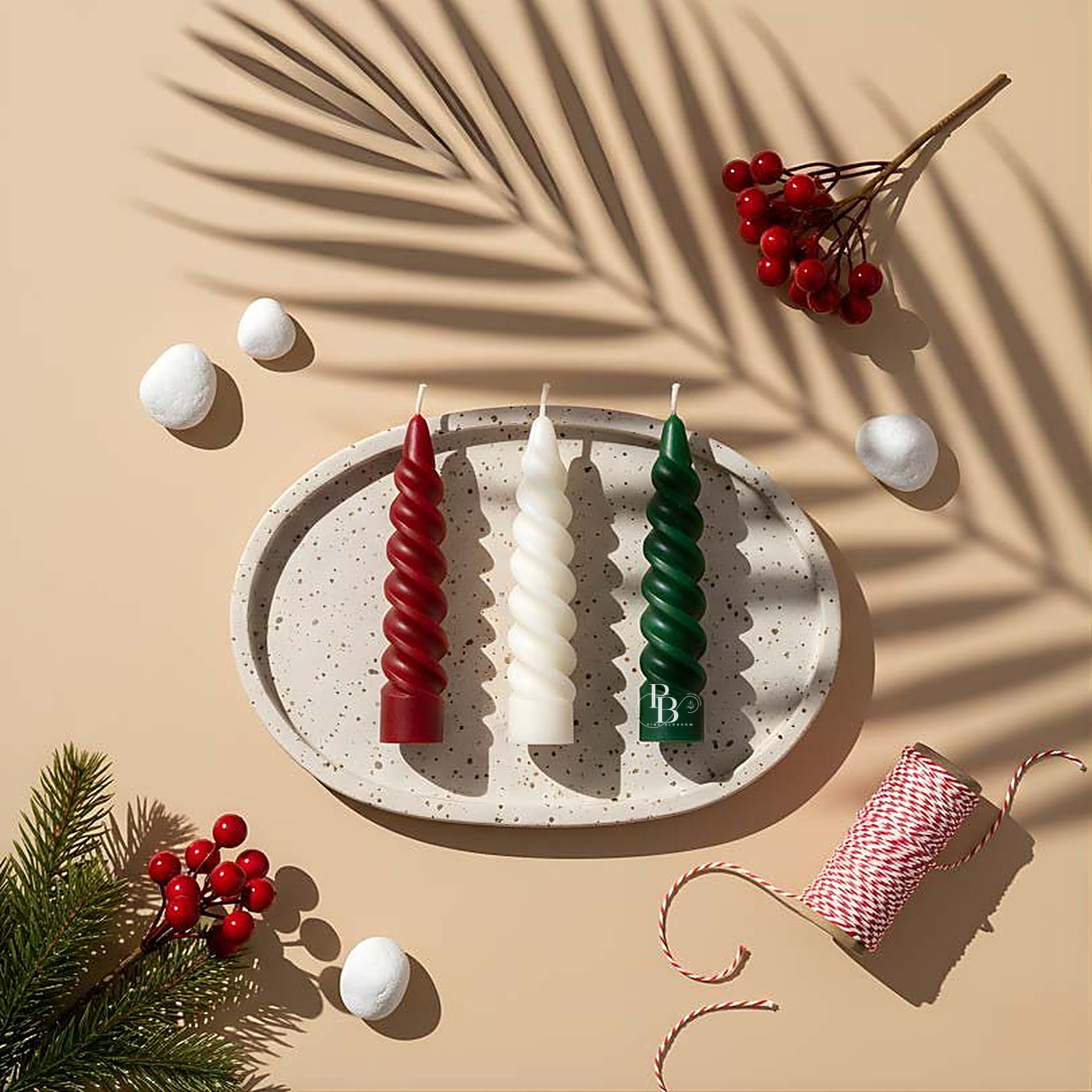 Red, white and green spiral taper candles on tray, handmade soy wax, Pink Blossom bulk order