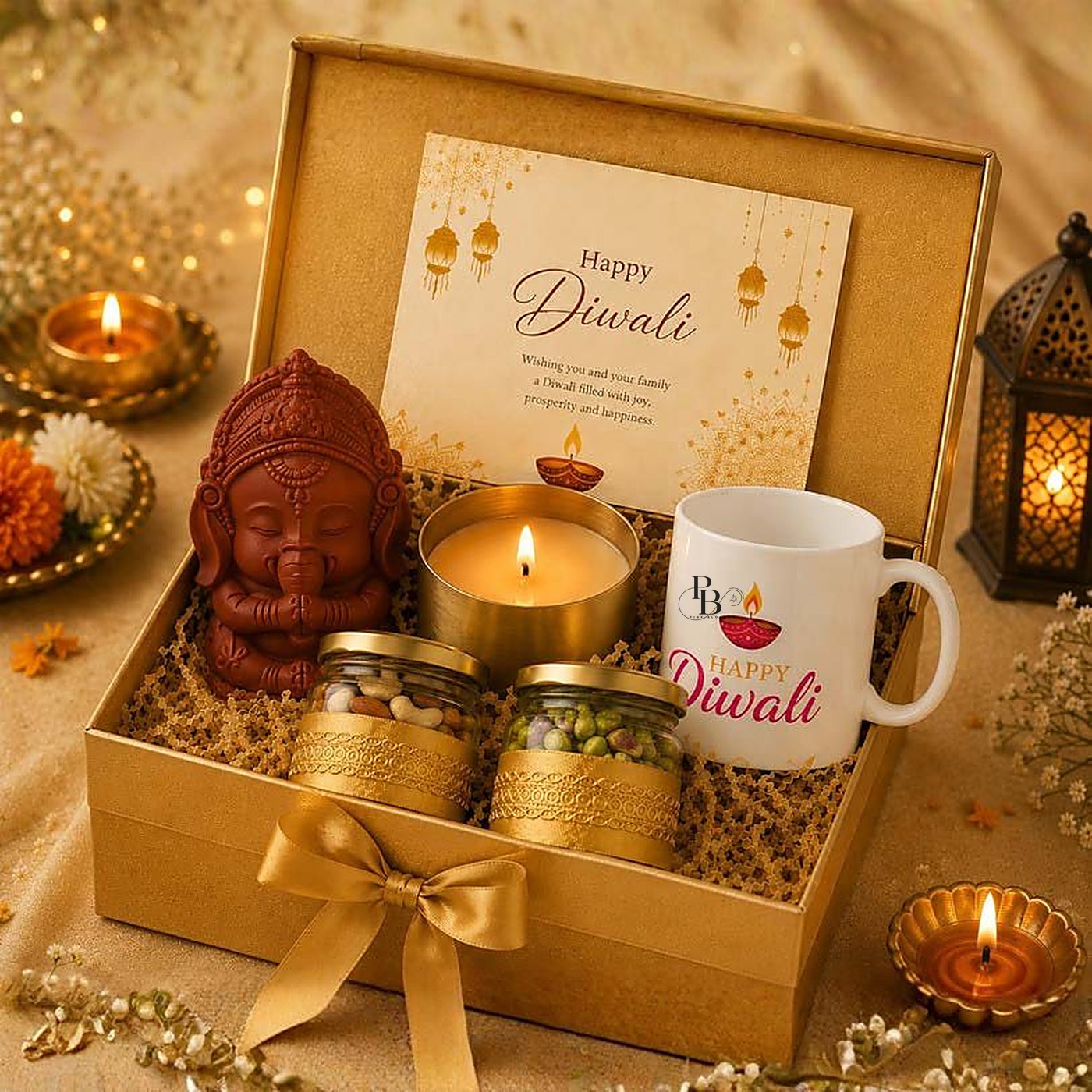Gold hamper with Ganesha idol, lit candle, Diwali mug and dry fruits, handmade soy wax, Pink Blossom bulk order