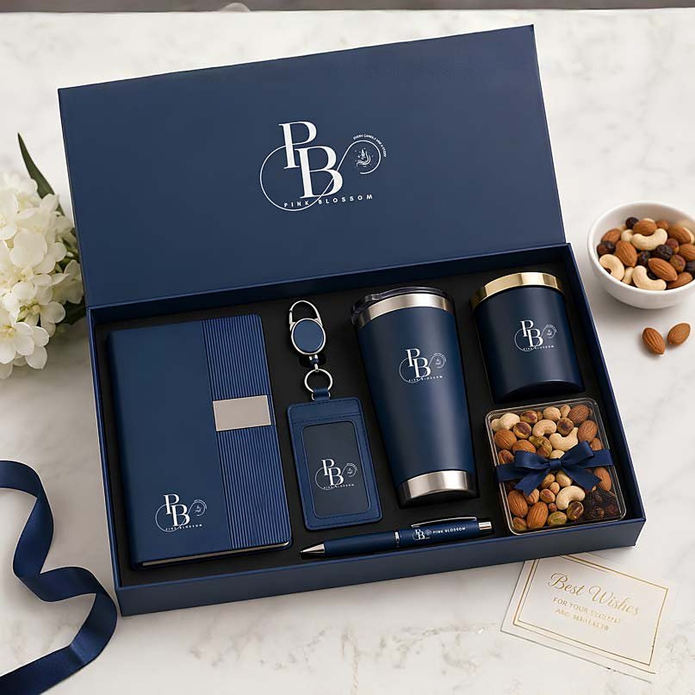 Navy gift box with diary, tumbler, keychain, pen, candle and nuts, handmade soy wax, Pink Blossom bulk order