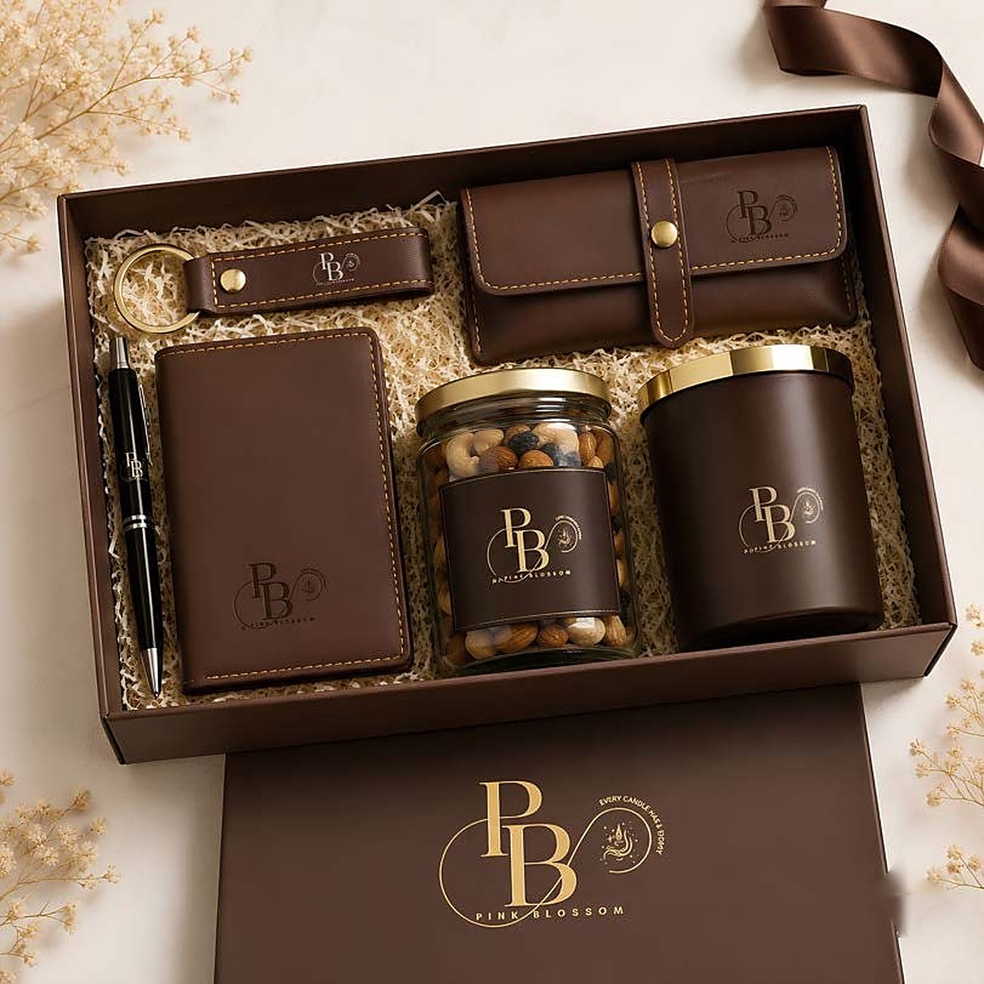 Brown gift box with leather wallet, keychain, pen, nuts and jar candle, handmade soy wax, Pink Blossom bulk order