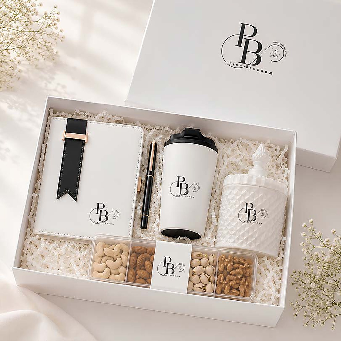 White gift box with diary, pen, tumbler, glass candle and nuts, handmade soy wax, Pink Blossom bulk order