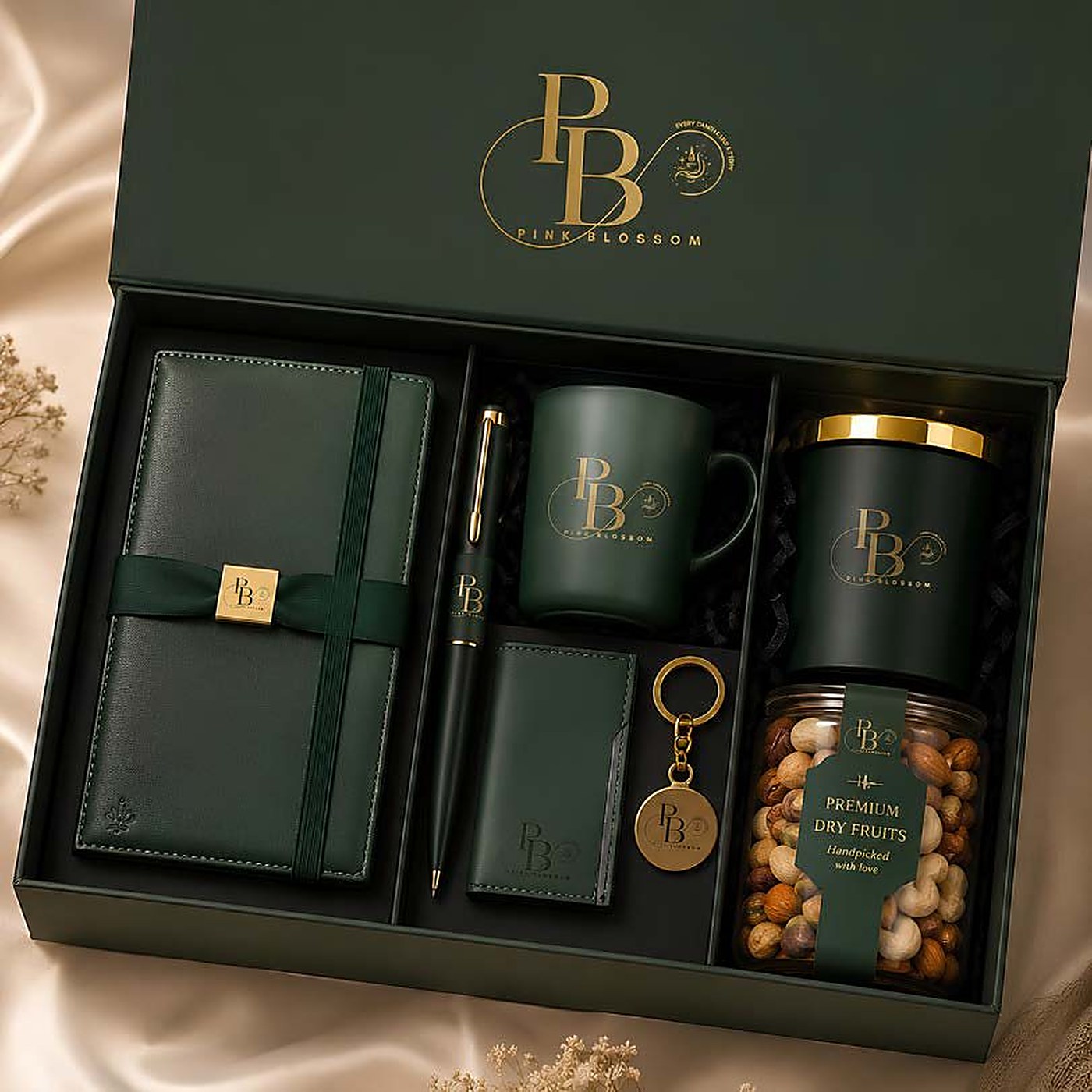 Dark green gift box with diary, mug, pen, keychain and dry fruits, handmade soy wax, Pink Blossom bulk order