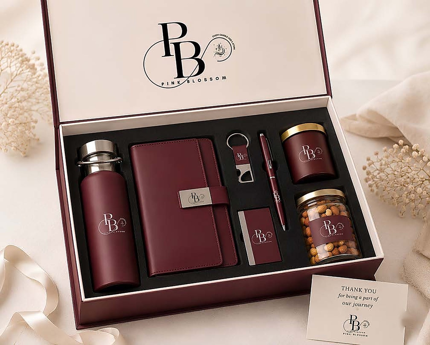 Maroon gift box with bottle, diary, keychain, pen, candle and nuts, handmade soy wax, Pink Blossom bulk order