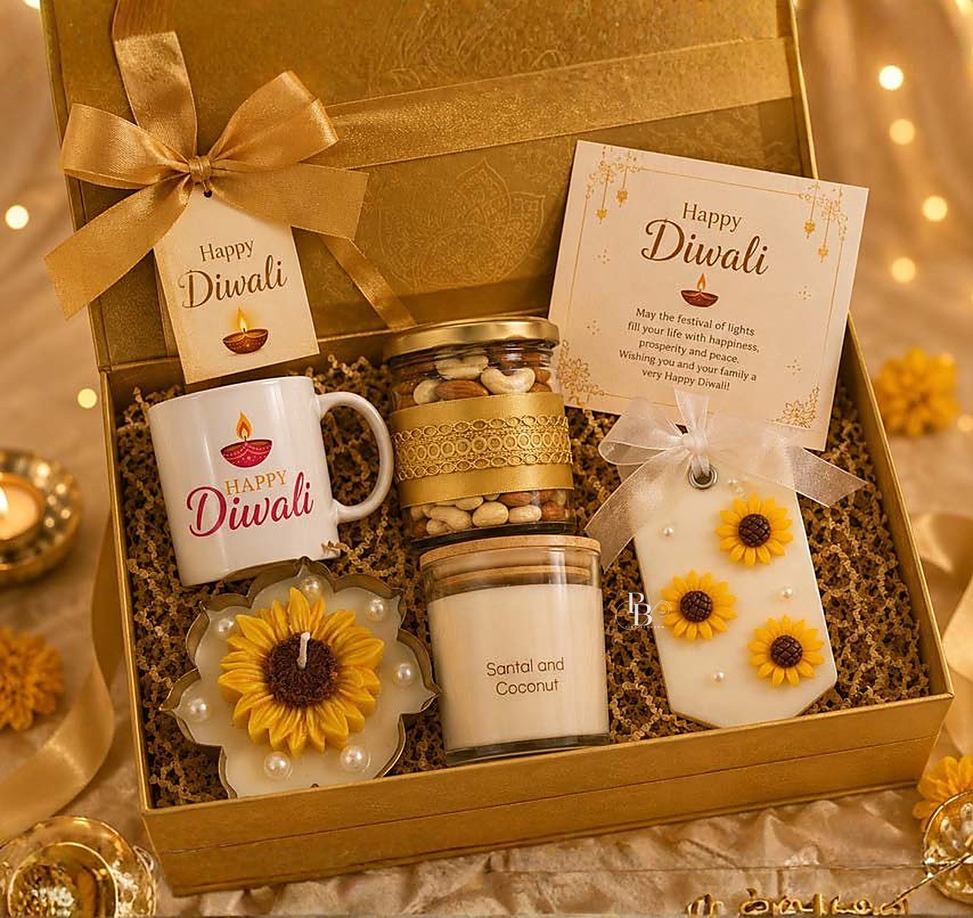 Gold hamper with Diwali mug, sunflower candle, sachet and dry fruits, handmade soy wax, Pink Blossom bulk order