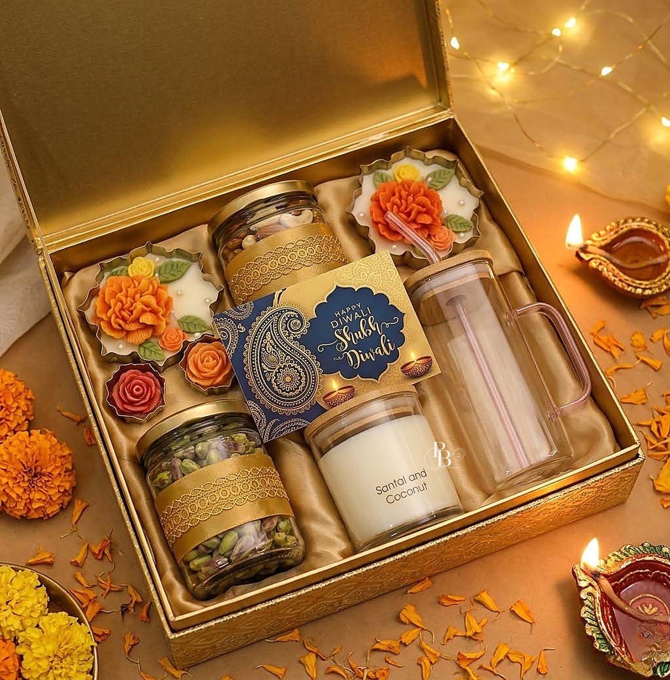 Gold hamper with floral candles, jar candle, dry fruits and glass bottle, handmade soy wax, Pink Blossom bulk order