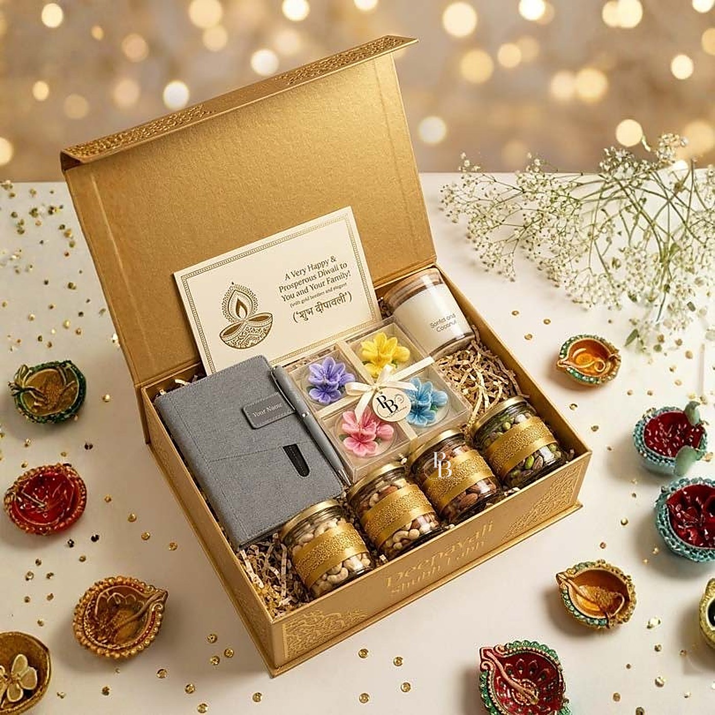 Gold box with diary, floral wax pieces and dry fruit jars, handmade soy wax, Pink Blossom bulk order