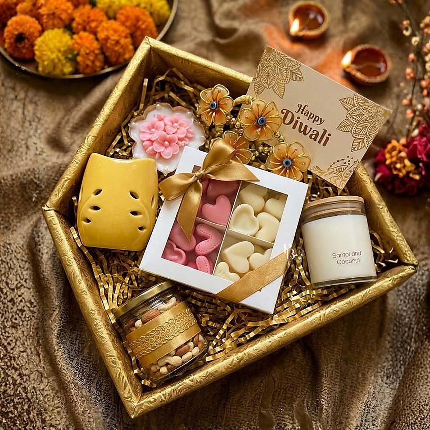 Gold hamper with heart wax melts, diffuser, candle and dry fruits, handmade soy wax, Pink Blossom bulk order