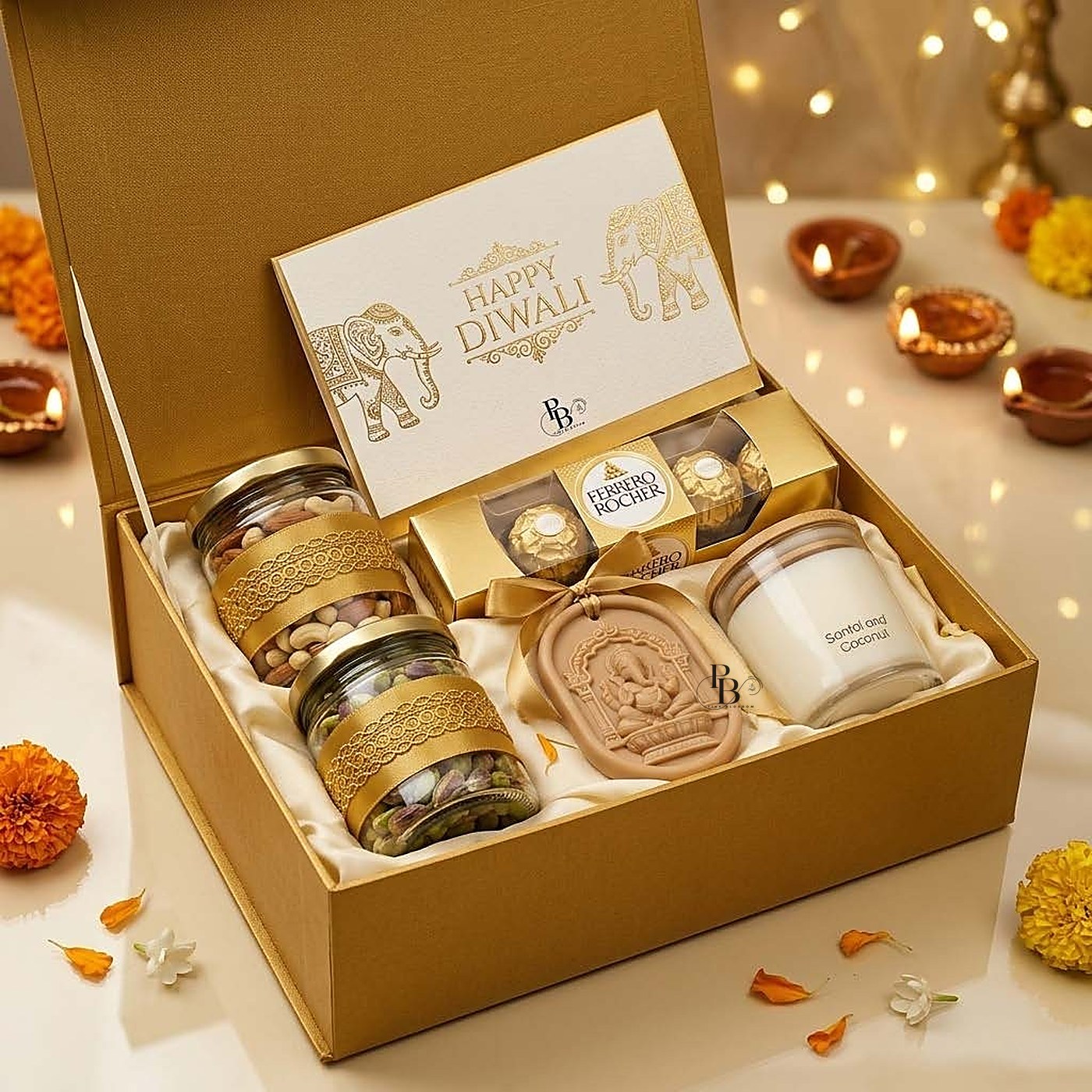 Gold hamper with dry fruit jars, chocolates, Ganesha sachet and candle, handmade soy wax, Pink Blossom bulk order
