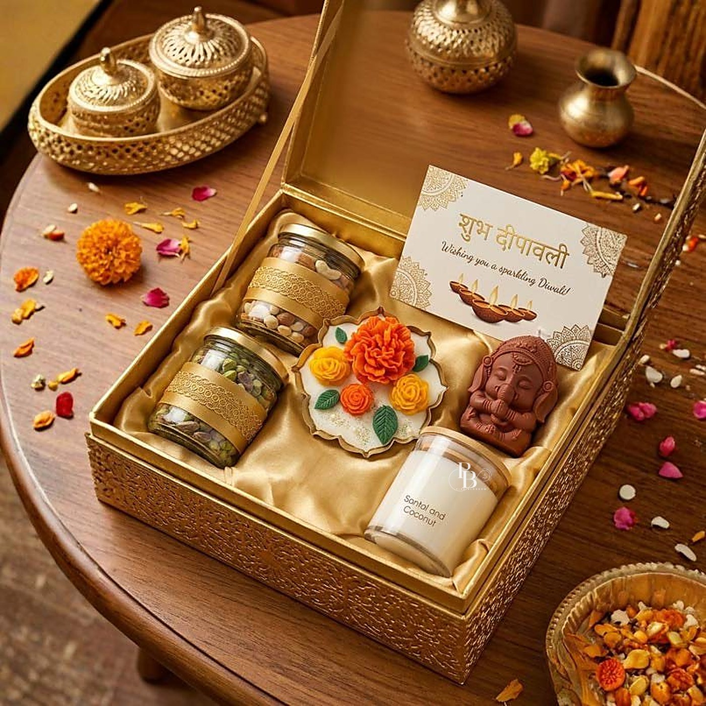 Gold hamper with Ganesha idol, floral candle, jar candle and dry fruits, handmade soy wax, Pink Blossom bulk order
