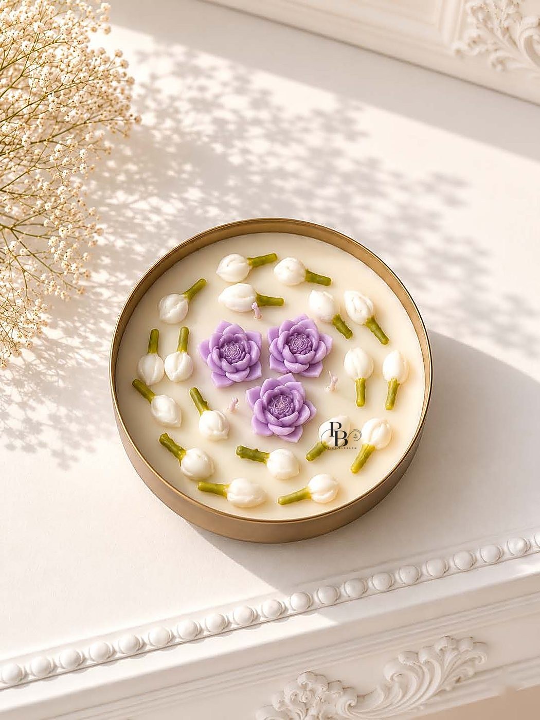Round gold urli candle with lavender roses and white buds, 5 Inch Urli, handmade soy wax, Pink Blossom bulk order