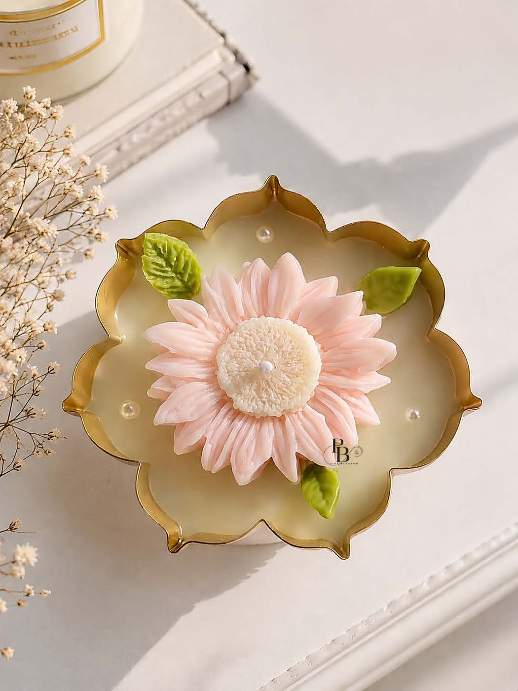 Scalloped gold urli candle topped with a pink gerbera, 3.5Inch Urli, handmade soy wax, Pink Blossom bulk order