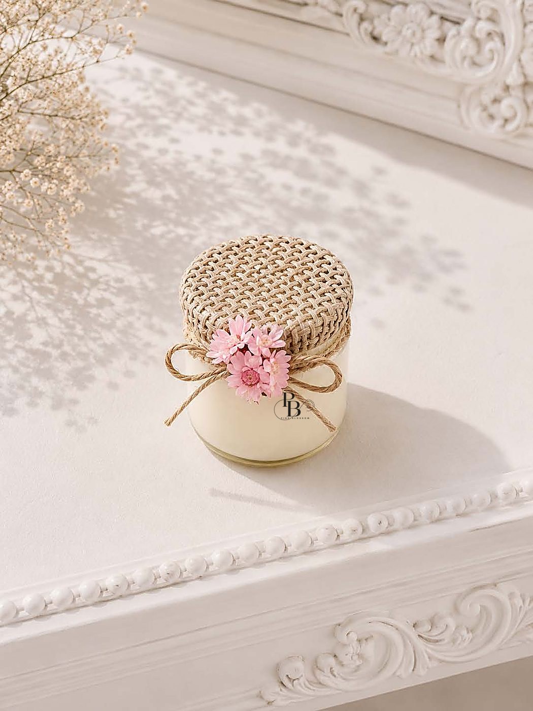Glass jar candle with jute lid and pink flower tie, 60 ml Glass Jar with Lid, handmade soy wax, Pink Blossom bulk order