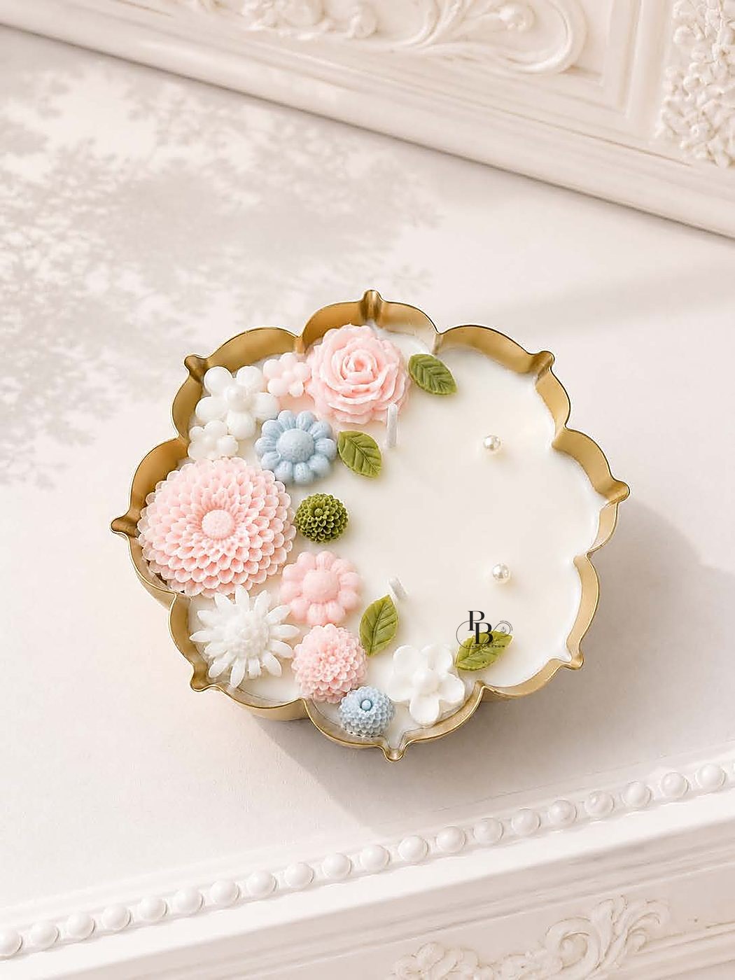 Scalloped gold urli candle with pastel flowers along the edge, 5.5 Inch Urli, handmade soy wax, Pink Blossom bulk order