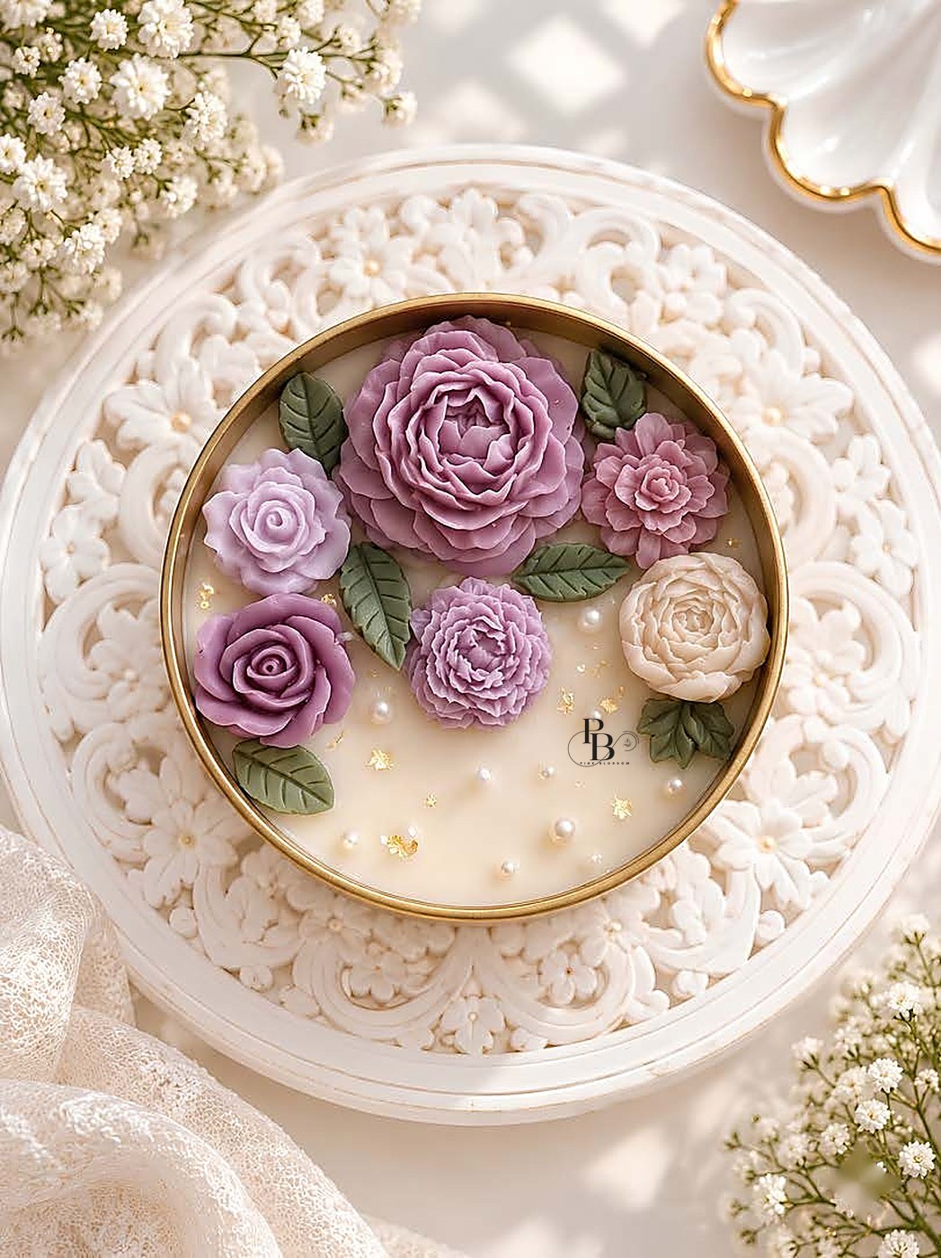 Round urli candle filled with purple peonies, roses and leaves, 6 Inch Urli, handmade soy wax, Pink Blossom bulk order