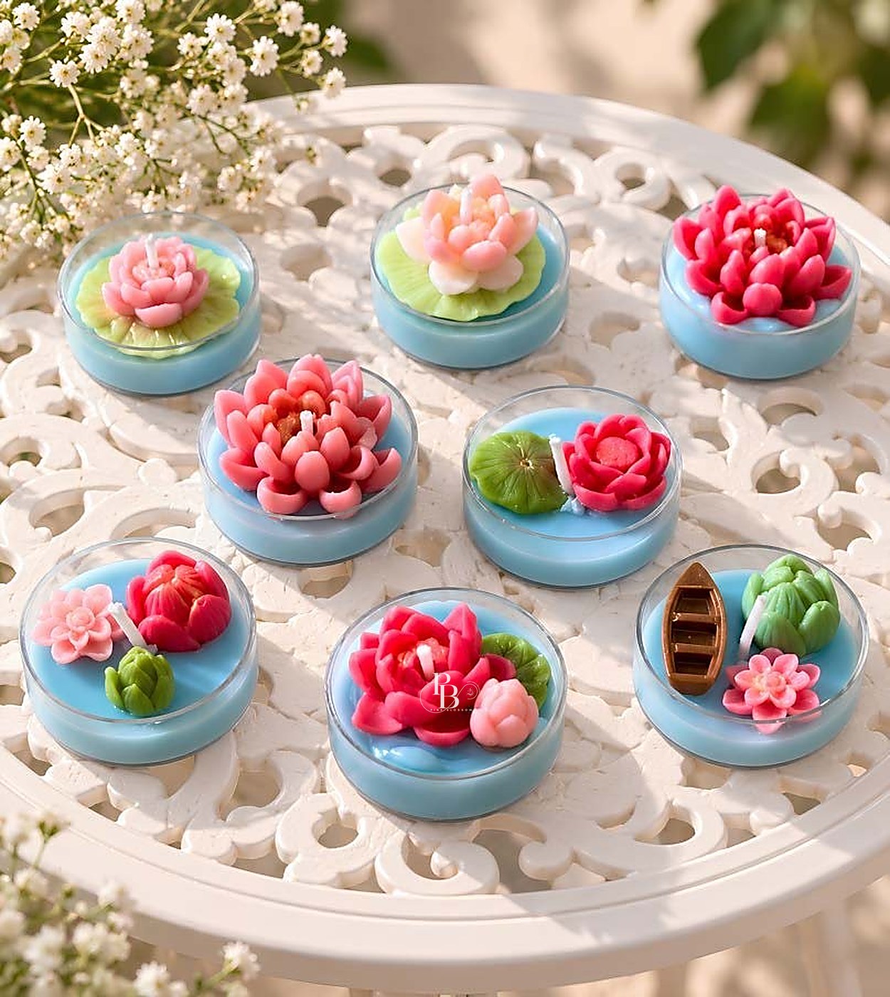 Blue tealight candles topped with lotus flowers and lily pads, handmade soy wax, Pink Blossom bulk order