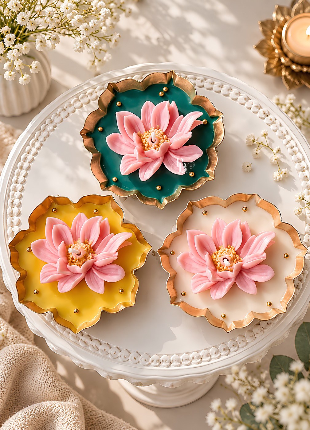Three scalloped urli candles each topped with a pink lotus, 3.5 Inch Urli, handmade soy wax, Pink Blossom bulk order