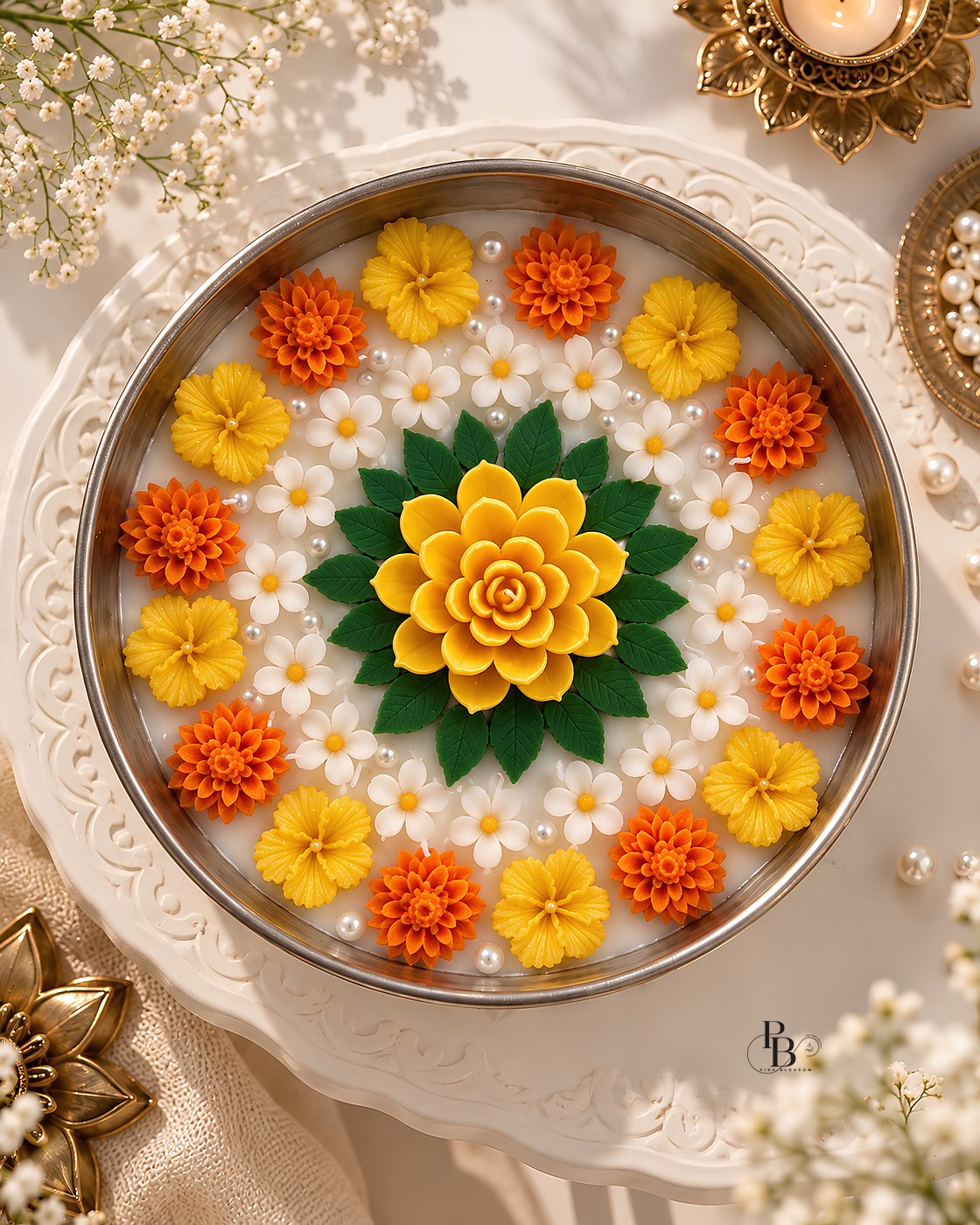 Large urli candle with marigolds arranged in a rangoli pattern, 9 Inch Urli, handmade soy wax, Pink Blossom bulk order